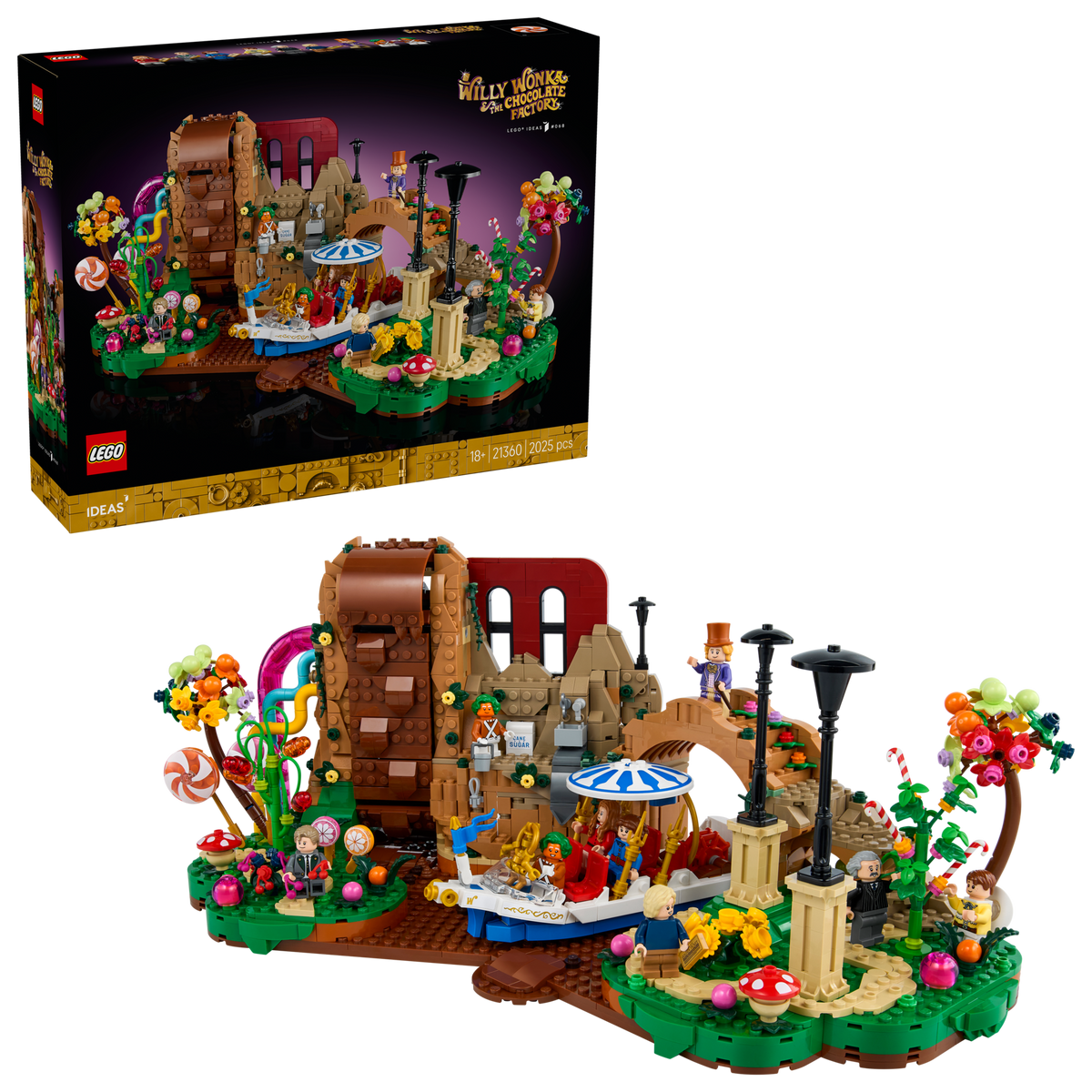 LEGO Ideas 21360 Willy Wonka en de Chocoladefabriek, doos en gebouwd model