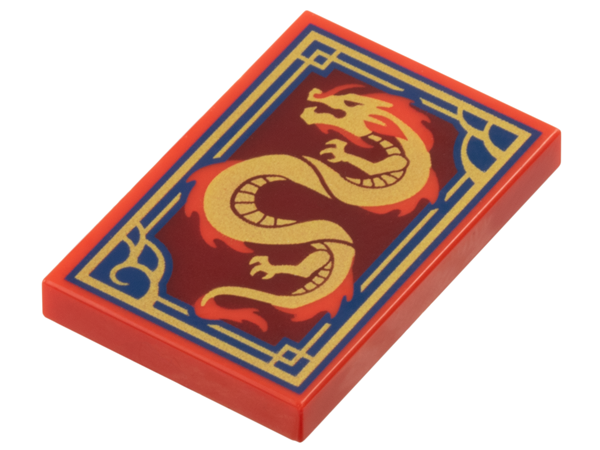 LEGO 26603pb472 - Tile 2 x 3 with Dragon on Dark Red Background with Ornate Dark Blue and Gold Border Pattern