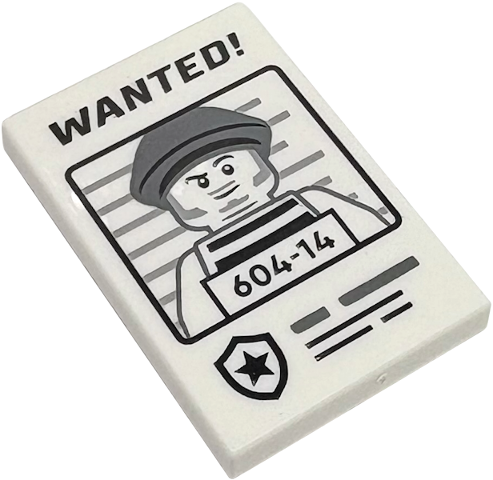 LEGO 26603pb520 - Tile 2 x 3 with Black 'WANTED!' and Dark Bluish Gray Minifigure with '604-14' Pattern