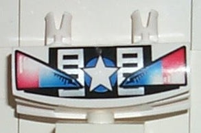 White LEGO vehicle grille 1x4 with two pins, featuring a central white star and blue circle, flanked by black blocks and red-to-blue gradient 'headlights' pattern.