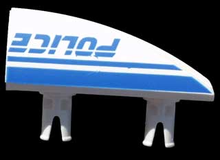 LEGO 30647pb07 Vehicle, Fairing 1 x 4 Side Flaring Intake with 2 Pins with Blue 'POLICE' and Stripes Pattern Left - Main Product Image