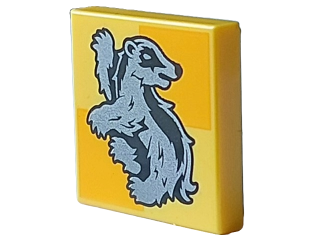 LEGO 3068pb2360 - Tile 2 x 2 with Silver Hufflepuff Crest on Bright Light Orange Squares Pattern