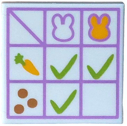LEGO 3068pb2794 - Tile 2 x 2 with Check Boxes, Medium Lavender Grid, Bright Light Orange and Lime Carrot, Medium Nougat Dots, Bunny / Rabbit Heads Pattern (Food Chart) - Image 1