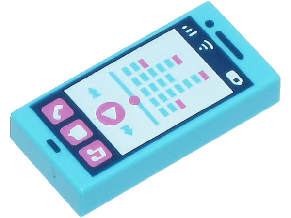 LEGO 3069pb0854 - Tile 1 x 2 with Cell Phone / Smartphone with Speech Bubble, Note, Play Button, Signal Strength, WiFi and Battery Level Symbols Pattern - Image 1