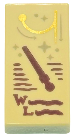LEGO 3069pb1321 - Tile 1 x 2 with Reddish Brown Wand, Capital Letter W, L, and Wingardium Leviosa Spell Scribbles, Dark Tan Sparkles and Arrows, Gold Swish and Flick Pattern