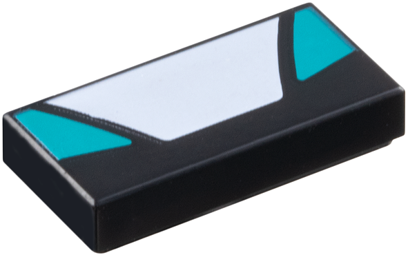 LEGO 3069pb1369 - Tile 1 x 2 with White Trapezoid in Center and Dark Turquoise Triangular Panels on Sides Pattern - Image 1