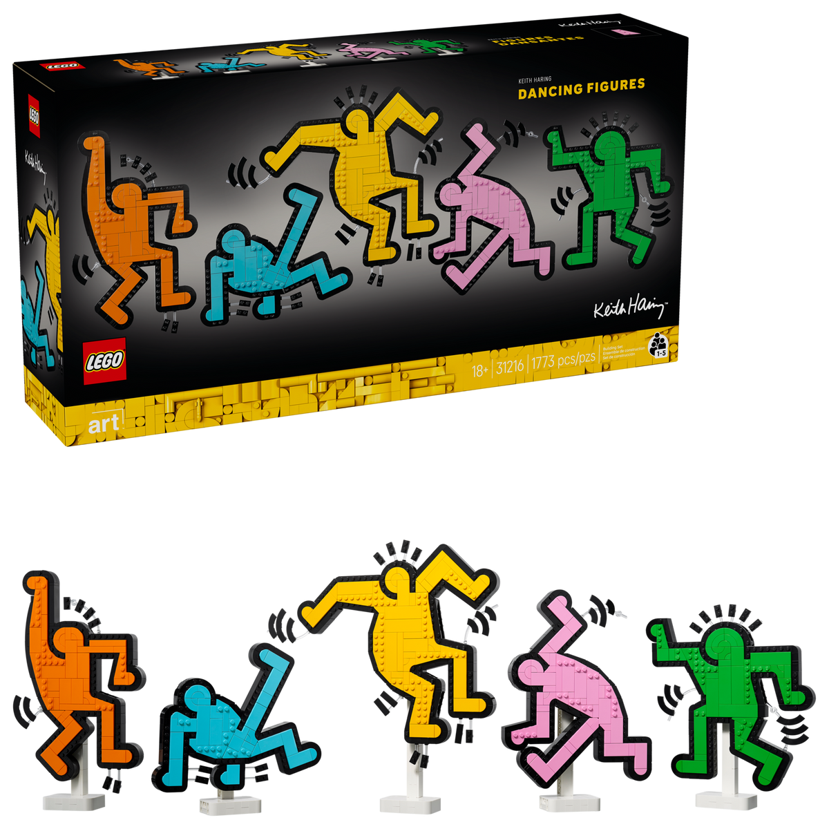 LEGO Art 31216 Keith Haring Dansende figuren, doos en de vijf gebouwde figuren