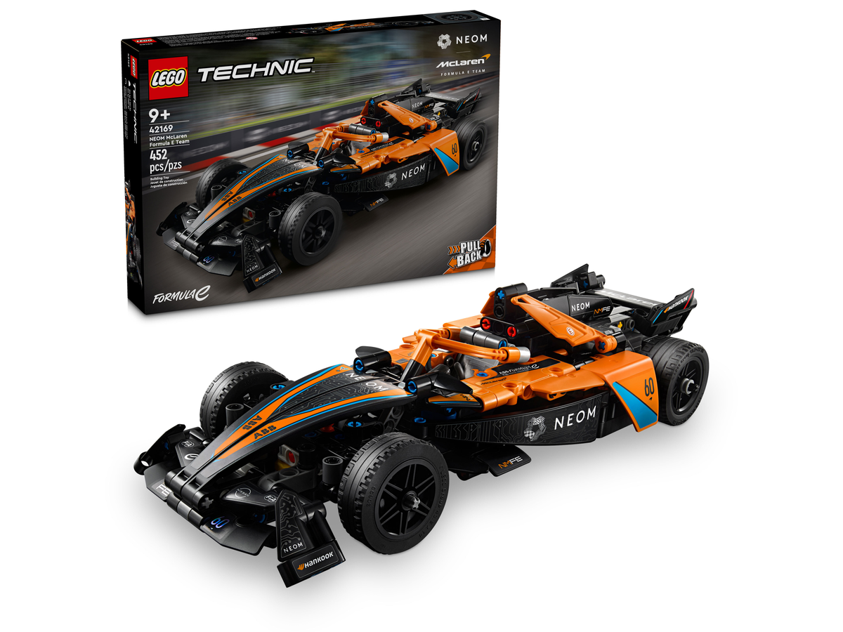 LEGO Technic 42169 NEOM McLaren Formula E racewagen, doos en gebouwde racewagen