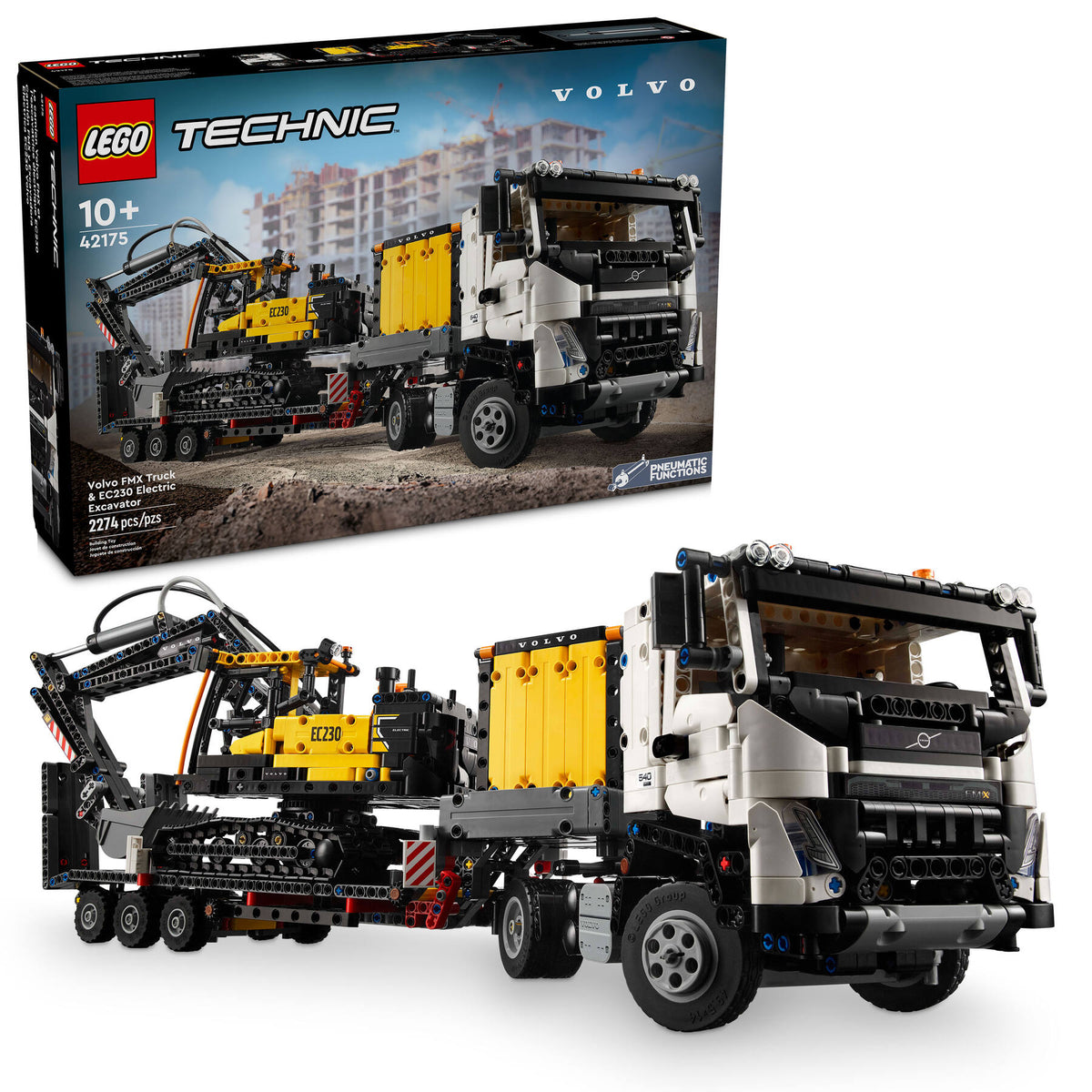 LEGO Technic 42175 Volvo FMX truck & EC230 elektrische graafmachine, doos en model