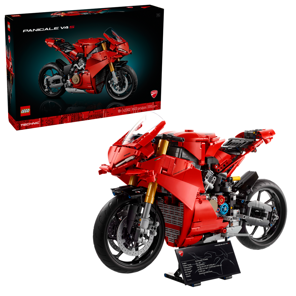 LEGO Technic 42202 Ducati Panigale V4 S motor, doos en gebouwd model