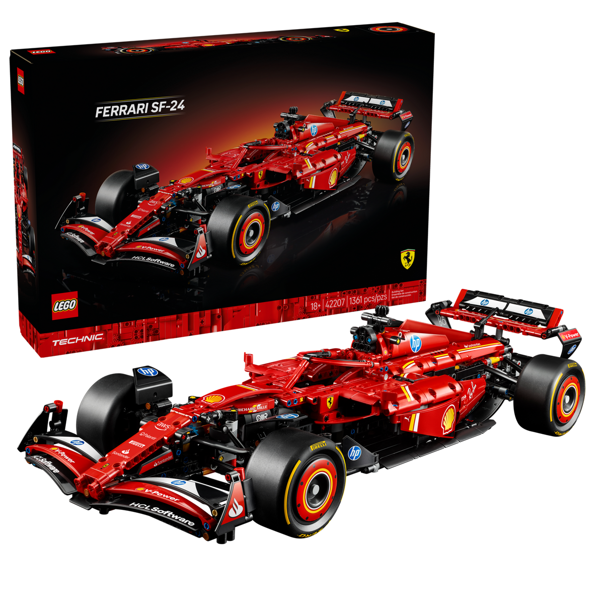 LEGO Technic 42207 Ferrari SF-24 F1 auto, doos en gebouwd model