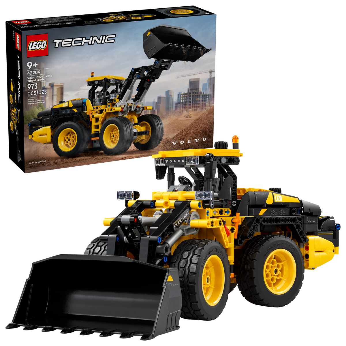 LEGO Technic 42209 Volvo L120 Electric Wheel Loader, box and built model