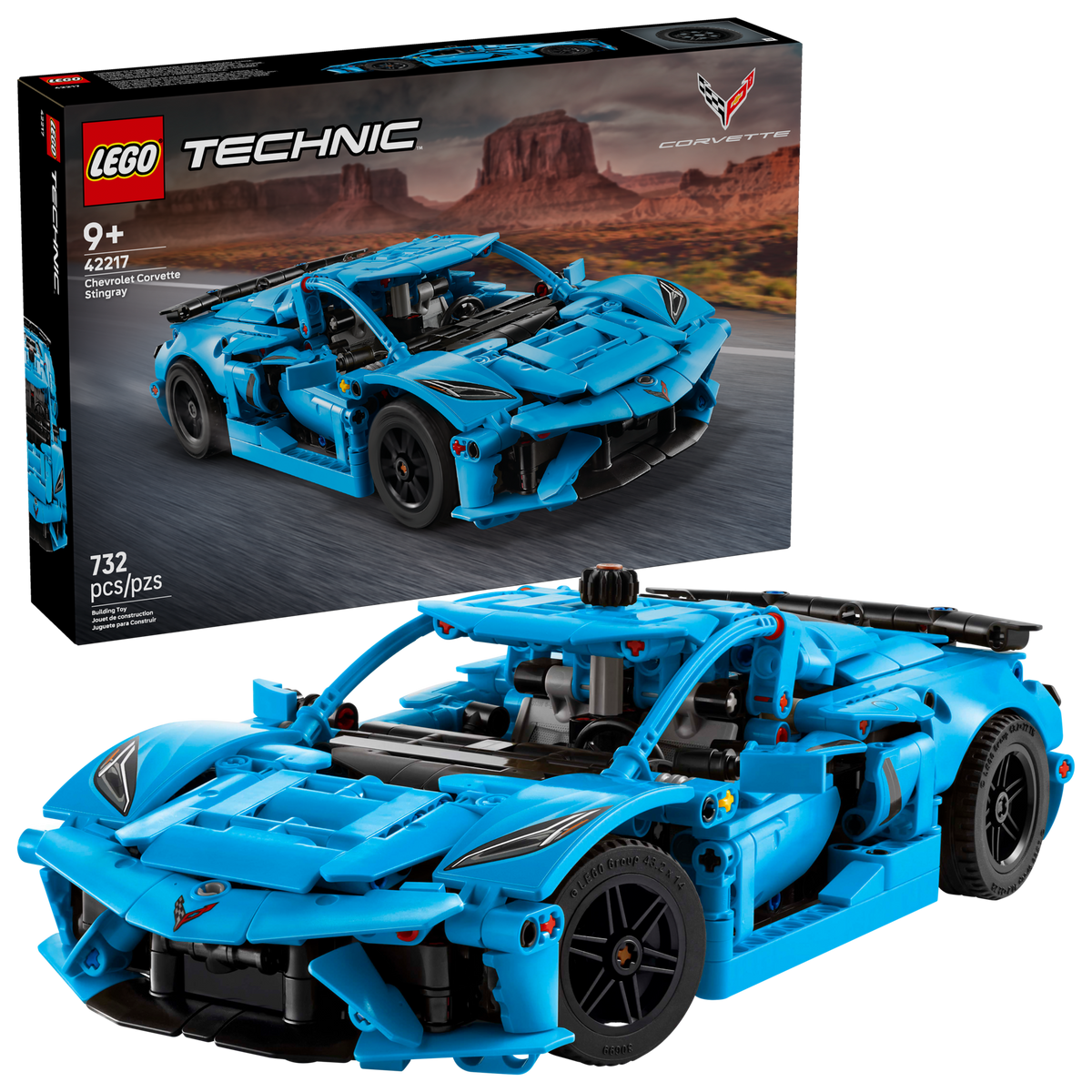 LEGO Technic 42217 Chevrolet Corvette Stingray Blue, box and built car