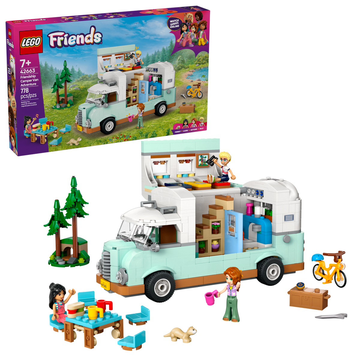 LEGO Friends 42663 Camperavontuur met vrienden, doos en gebouwde camper