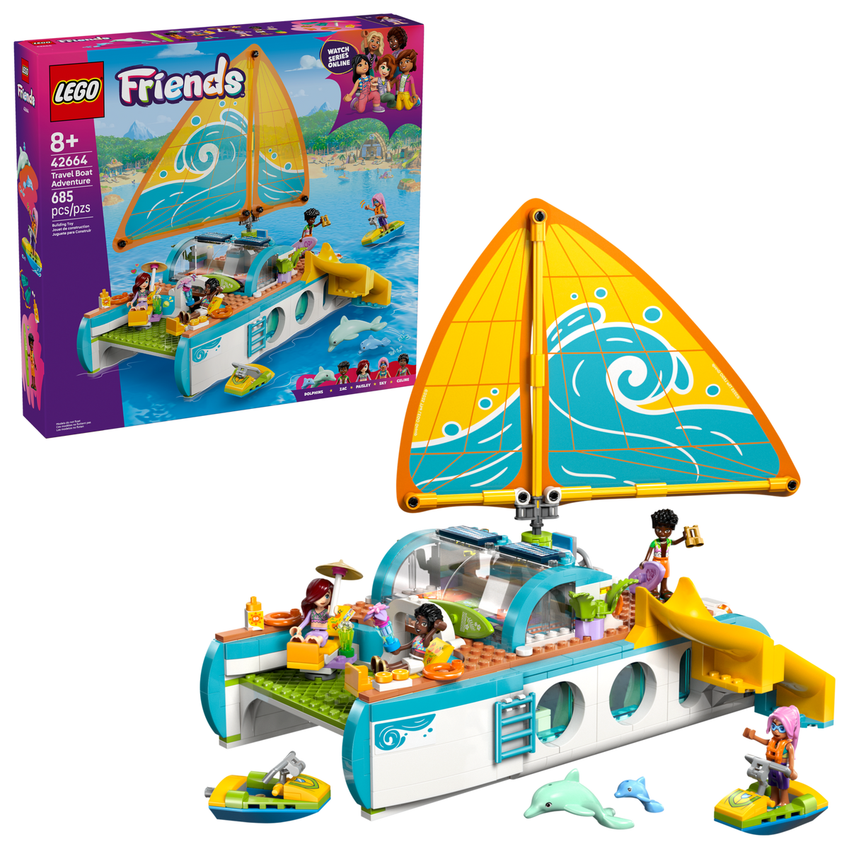 LEGO Friends 42664 Travel Boat Adventure, box and built boat