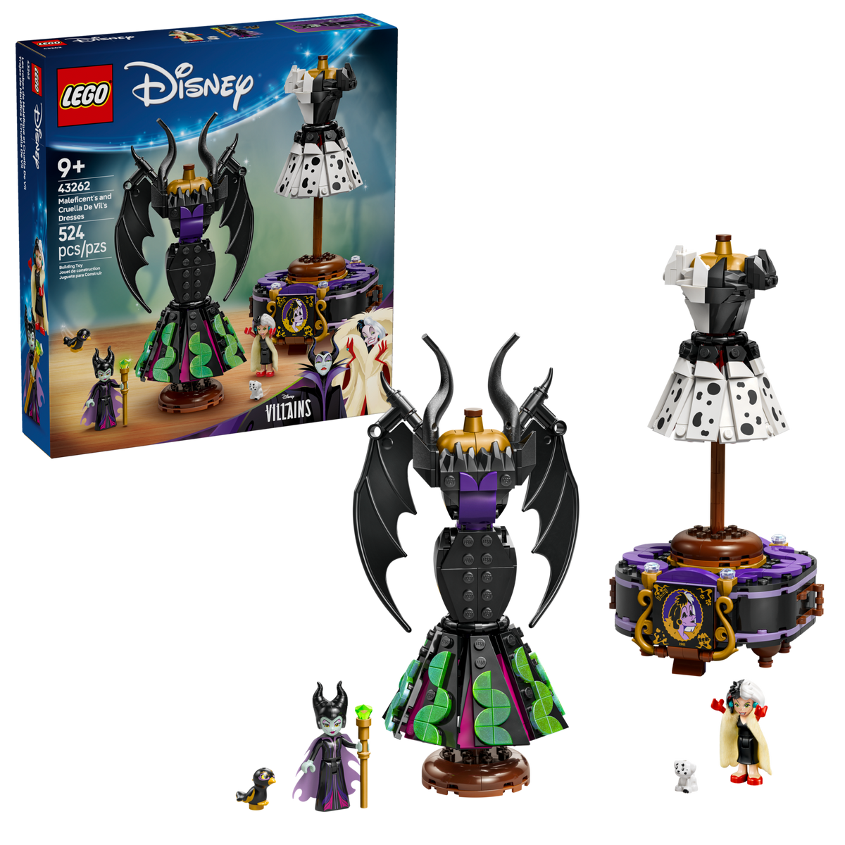 LEGO Disney 43262 De jurken van Maleficent en Cruella De Vil, doos en jurken