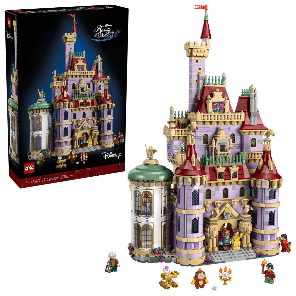LEGO Disney 43263 Belle en het Beest kasteel, doos en gebouwd kasteel