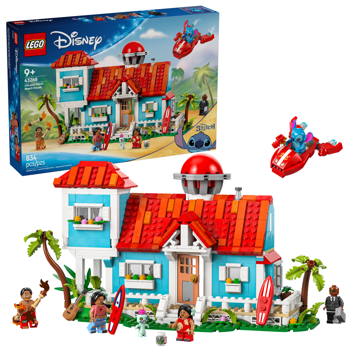 LEGO Disney 43268 Lilo en Stitch strandhuis, doos en gebouwd model