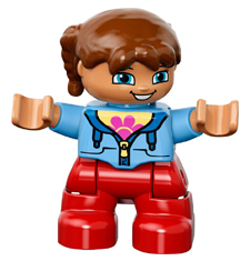 LEGO Minifigure 47205pb030 - Duplo Figuur Lego Ville, Meisje, Rode Benen, Middelblauwe Jas over Shirt met Bloem, Roodbruine Vlechten