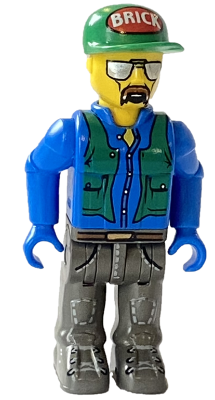 LEGO Minifigure 4j003a - Construction Worker with Blue Shirt, Green Vest and Cap with the Word 'Brick', Sunglasses and Moustache