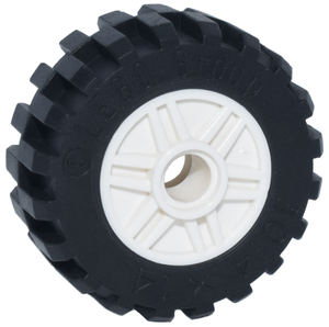 LEGO 55981c05 Wheel 18mm D. x 14mm with Pin Hole, Fake Bolts and Shallow Spokes with Black Tire 30.4 x 14 Offset Tread - Band Around Center of Tread (55981 / 92402) in White - Authentic LEGO Part