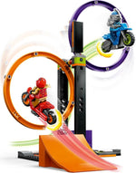 LEGO City 60360 Spinning Stunt Challenge, stunt bikes jumping through the spinning rings