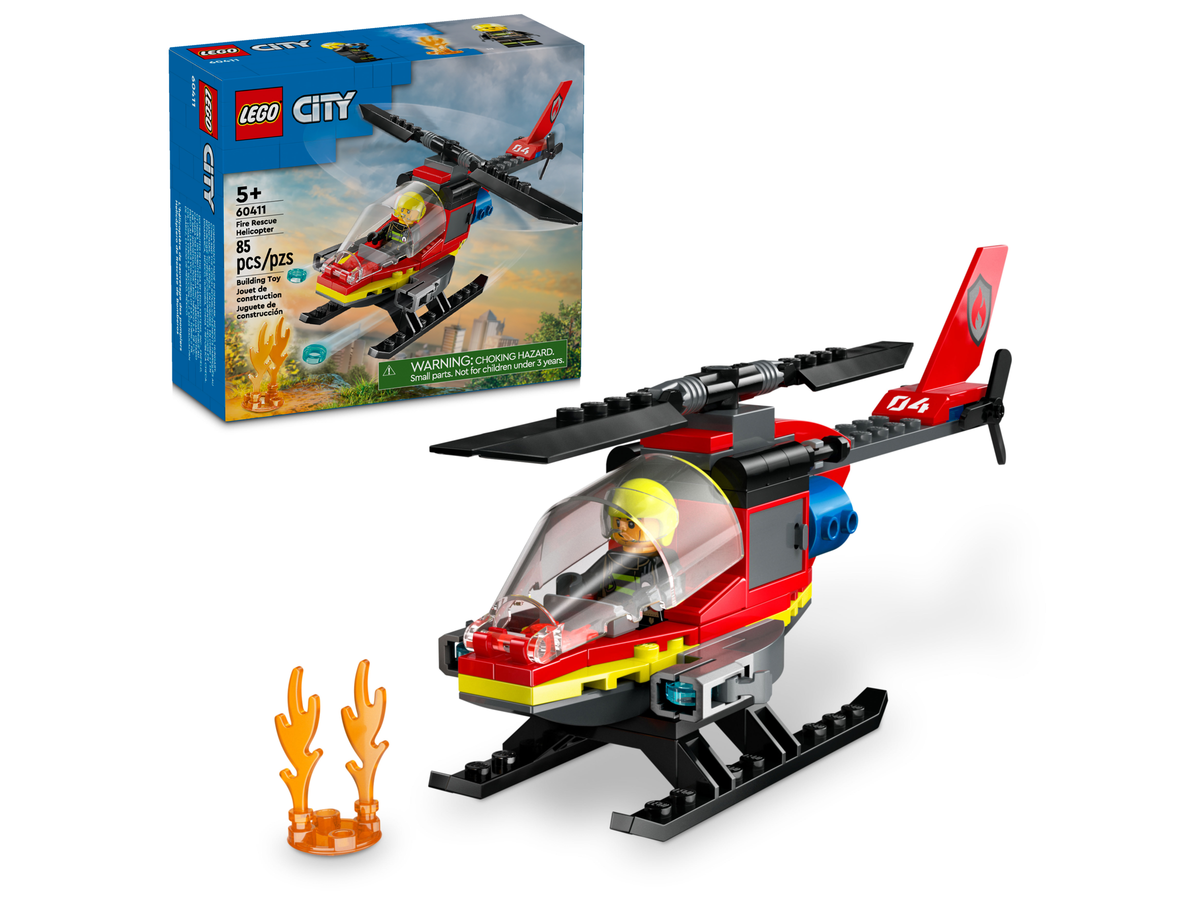 LEGO City 60411 Fire Rescue Helicopter, box and built helicopter with pilot