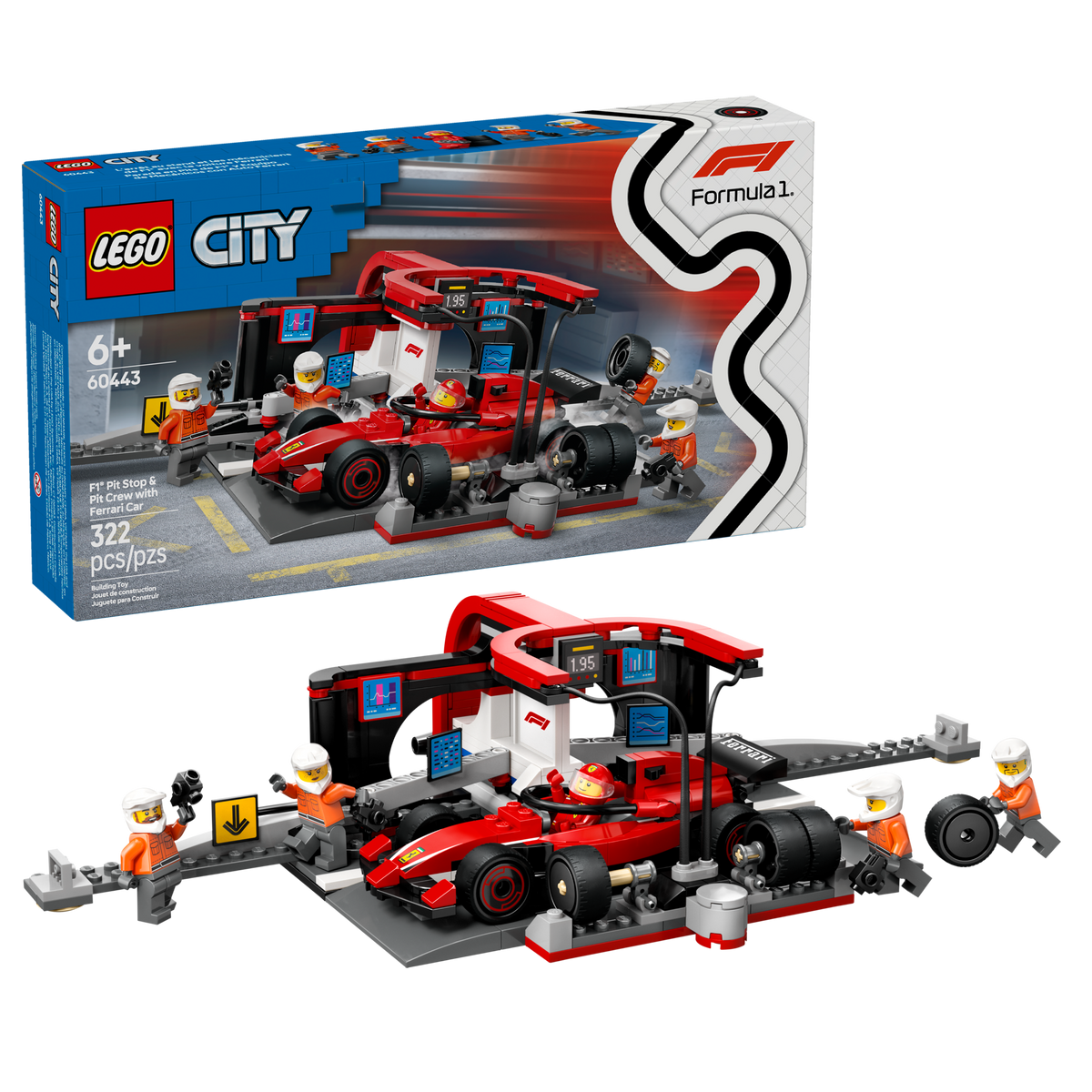 LEGO City 60443 F1 Pit Stop & Pit Crew with Ferrari Car, box and model