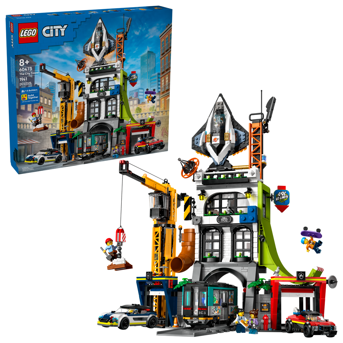 LEGO City 60473 De City toren, doos en gebouwd model
