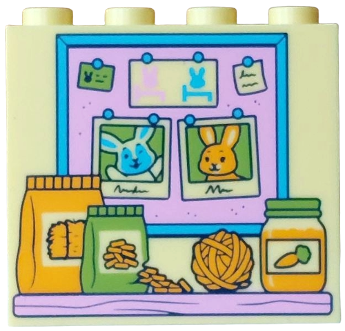 LEGO 60581pb309 - Panel 1 x 4 x 3 with Side Supports - Hollow Studs with Bright Pink Shelf and Bulletin Board with Medium Azure Frame and Pins, Notes, Photos with Bunnys / Rabbits, Food Packages, Carrot Jar, Ball of Wool Pattern - Image 1