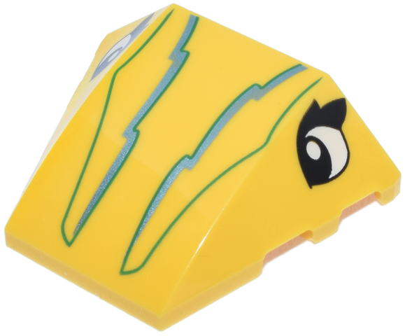 LEGO 64225pb077 - Wedge 4 x 3 Triple Curved No Studs with Black and White Eyes, Bright Green and Metallic Light Blue Lightning Bolts and Lines Pattern