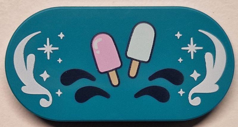 LEGO 66857pb061 - Tile, Round 2 x 4 Oval with Bright Pink and Light Aqua Popsicles, Dark Blue Drops, White Ornaments and Sparkles Pattern