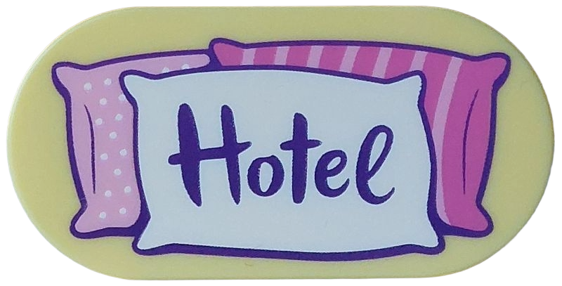 LEGO 66857pb120 - Tile, Round 2 x 4 Oval with Dark Purple 'Hotel' on White, Bright Pink and Dark Pink Pillows with Dots and Stripes Pattern