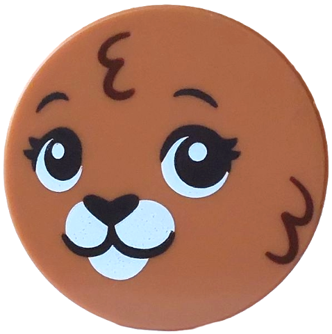 LEGO 67095pb132 - Tile, Round 3 x 3 with Bunny / Rabbit Face with Black and White Eyes, Nose, Mouth and Muzzle, Reddish Brown Fur Pattern