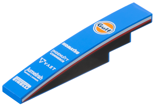 LEGO 6801pb08 - Slope, Curved 6 x 1 with Dark Blue and Orange 'Gulf' Logo, 'KOMATSU', 'INGENUITY COMMERCE', 'VAST', 'Jumeirah HOTELS & RESORTS' and 'PIRELLI' Logos, Black Panels with Red and White Stripes on Both Sides Pattern