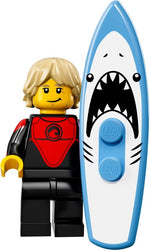 LEGO Collectible Minifigures 71018-1 Pro Surfer, official LEGO render with shark surfboard