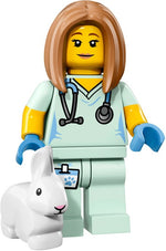 LEGO Collectible Minifigures 71018-5 Veterinarian, official LEGO render with white rabbit