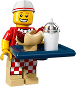 LEGO Collectible Minifigures 71018-6 Hot Dog Vendor, official LEGO render with tray, hot dog and drink