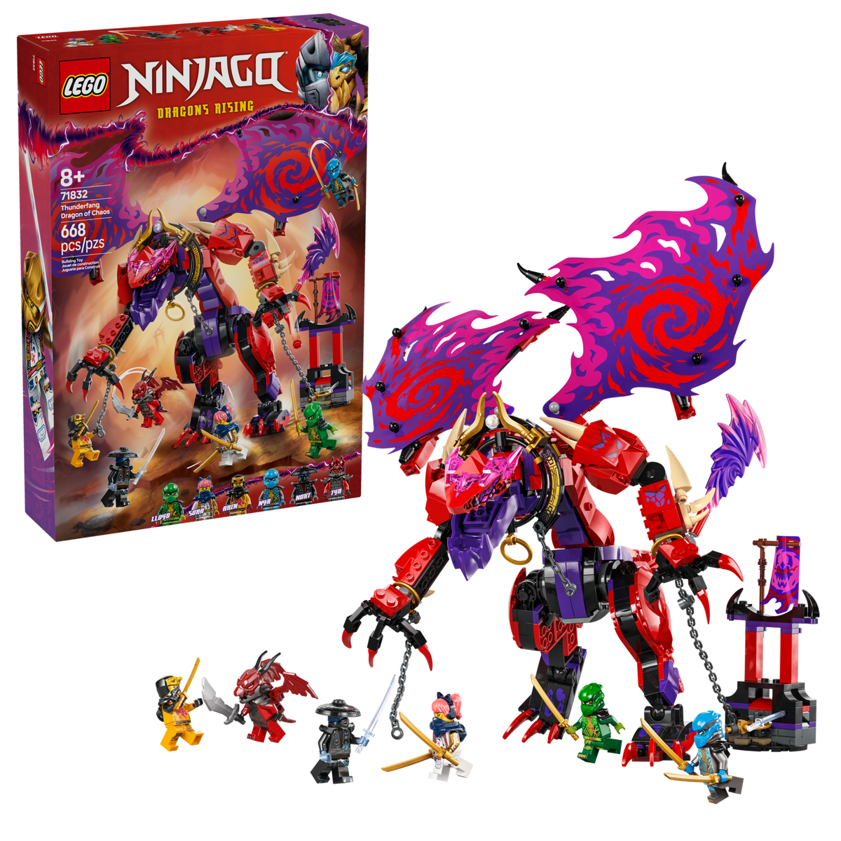 LEGO NINJAGO 71832 Thunderfang Dragon of Chaos, box and built model
