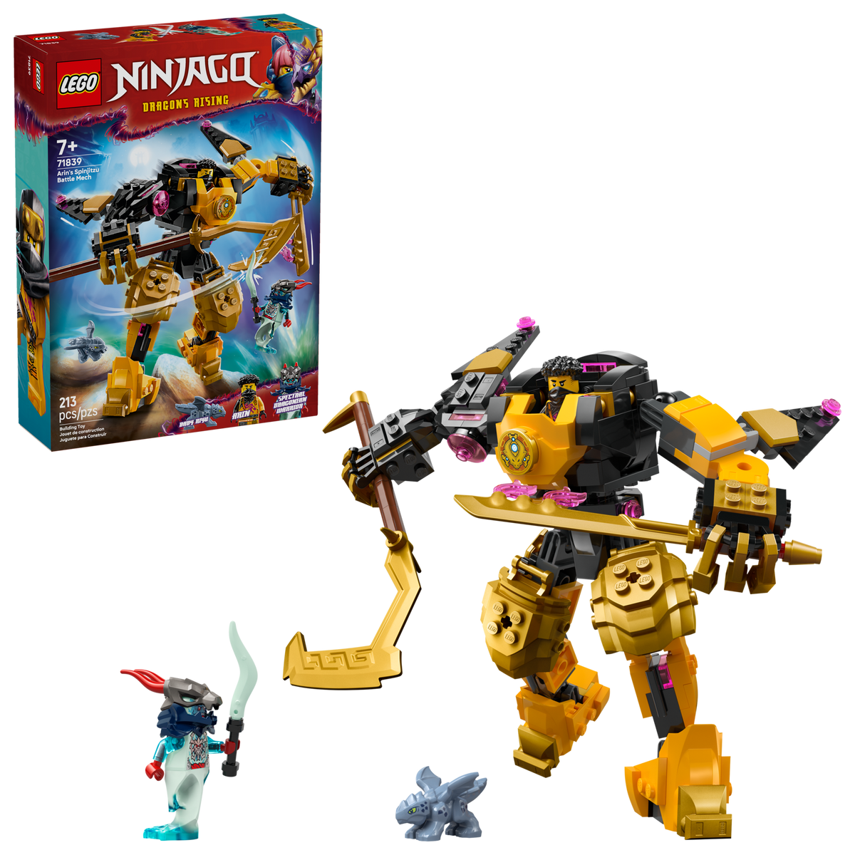 LEGO NINJAGO 71839 Arins Spinjitzu strijdmecha, doos met mecha en minifiguren