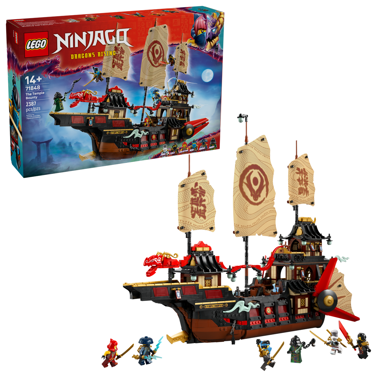 LEGO NINJAGO 71848 De Tempel Bounty, doos met het gebouwde schip en de minifiguren