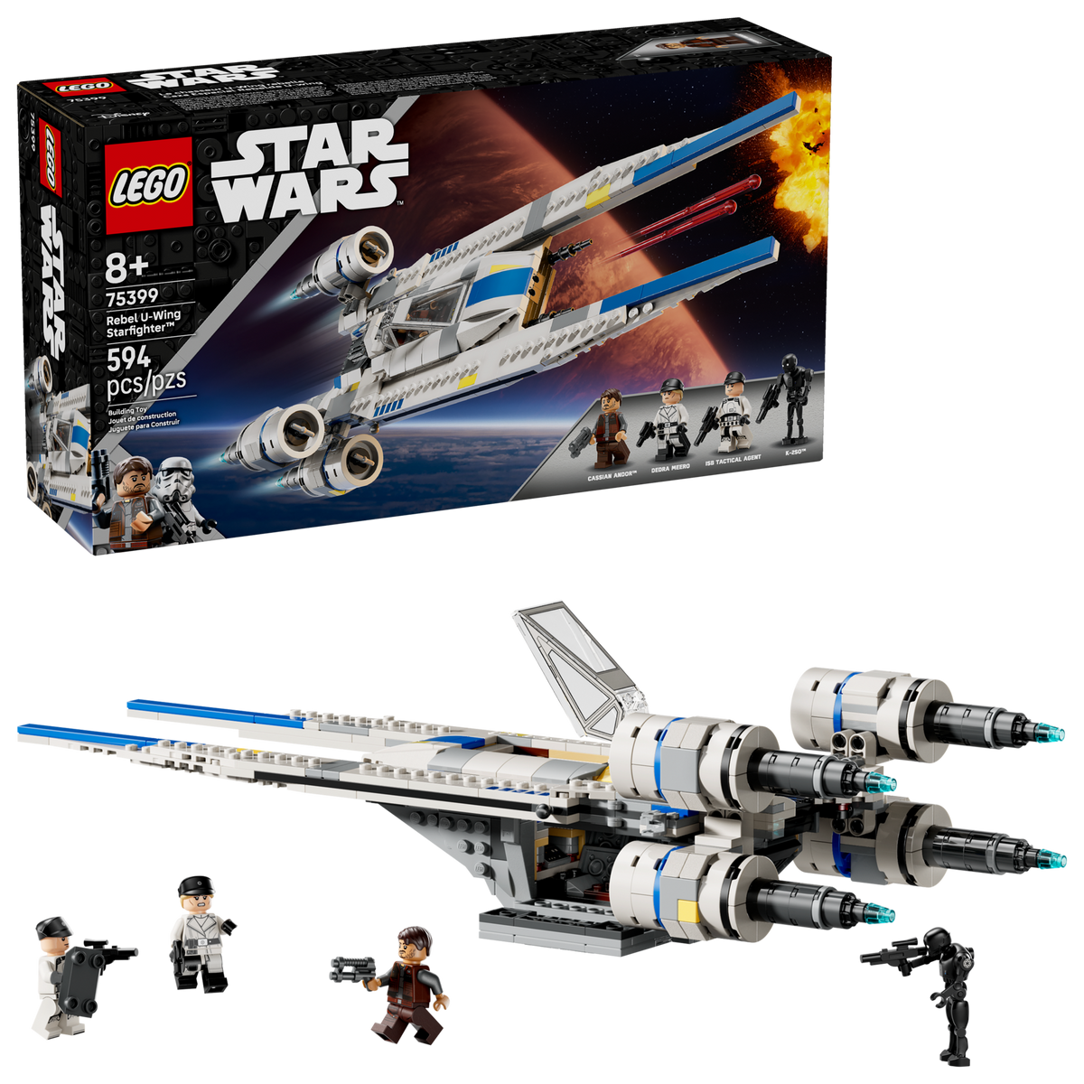 LEGO Star Wars 75399 Rebel U-wing Starfighter, doos en gebouwde starfighter met minifiguren
