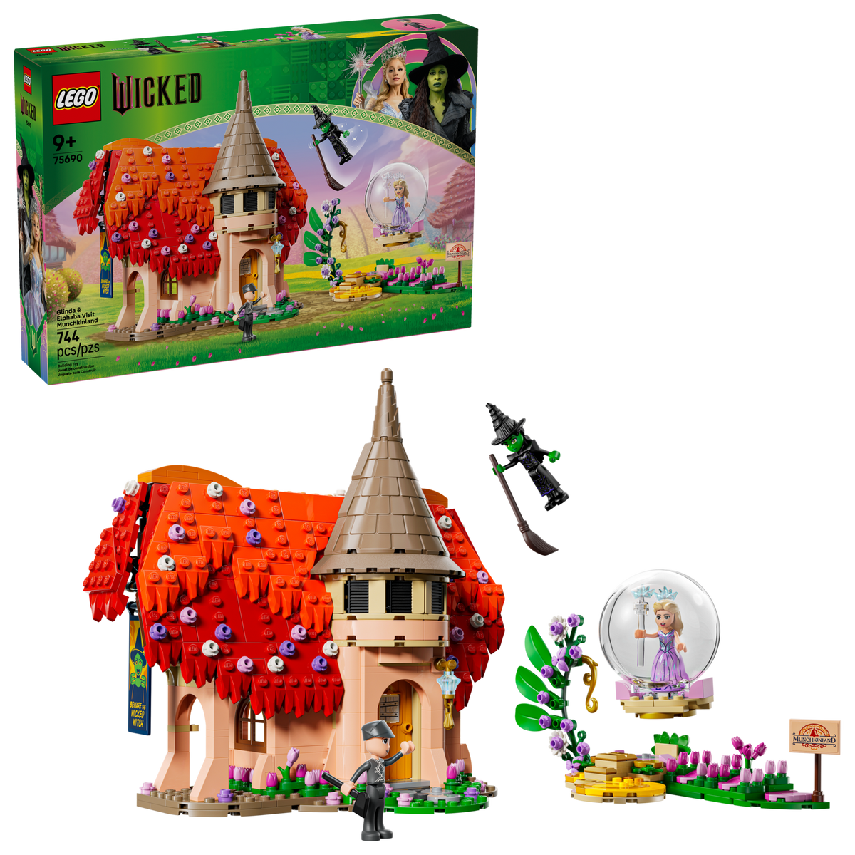 LEGO Wicked 75690 Glinda & Elphaba Visit Munchkinland, box with the built set