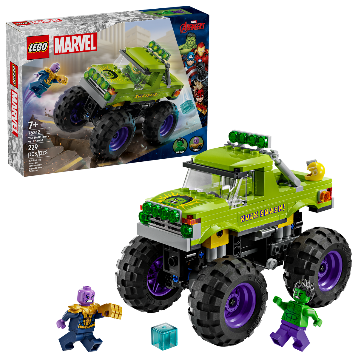 LEGO Super Heroes 76312 De Hulk truck vs. Thanos, doos met de gebouwde truck en minifiguren