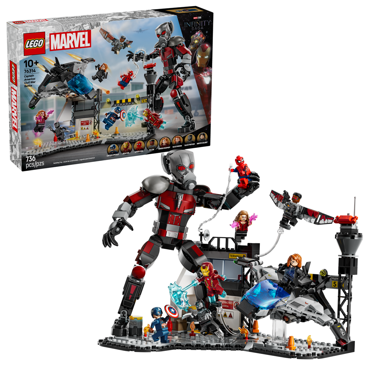 LEGO Marvel 76314 Captain America: Civil War Battle, box and complete set
