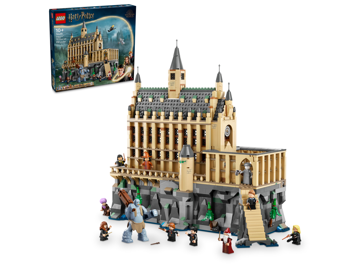 LEGO Harry Potter 76435 Kasteel Zweinstein: de Grote Zaal, doos en model met figuren
