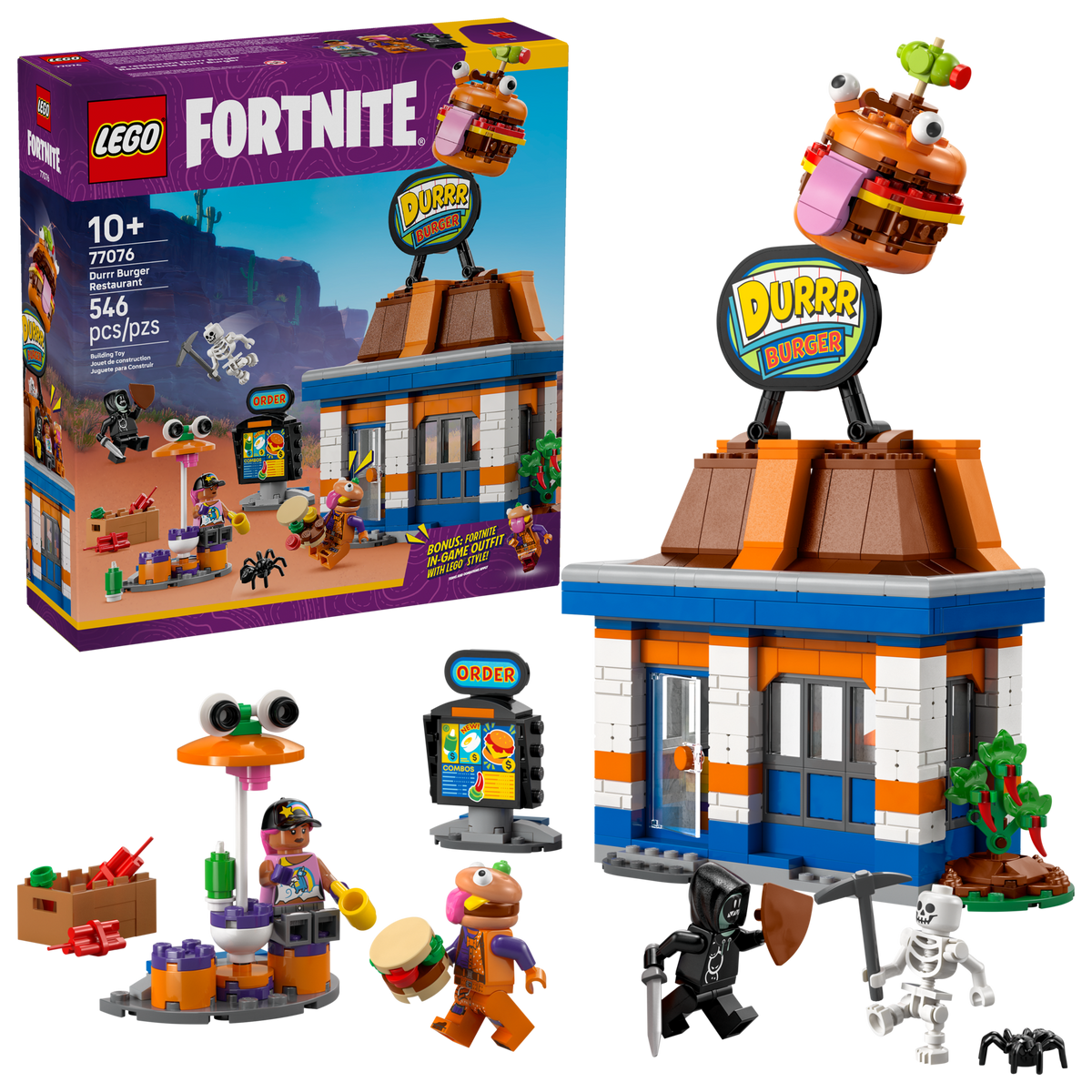 LEGO Fortnite 77076 Durrr Burger restaurant, doos en gebouwd model