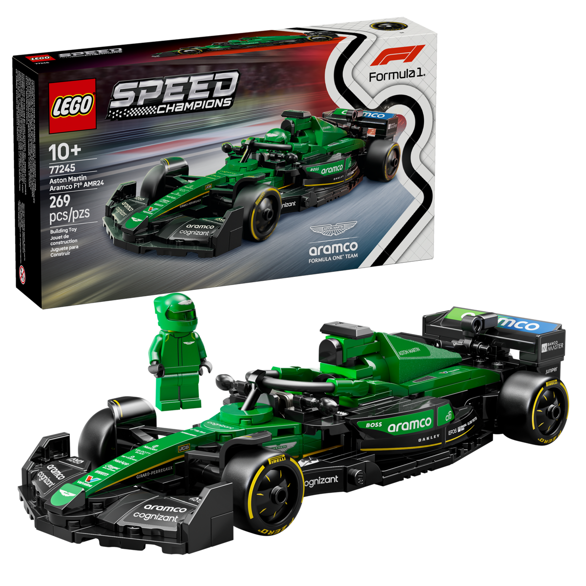 LEGO Speed Champions 77245 Aston Martin Aramco F1 AMR24 racewagen, doos met racewagen en coureur