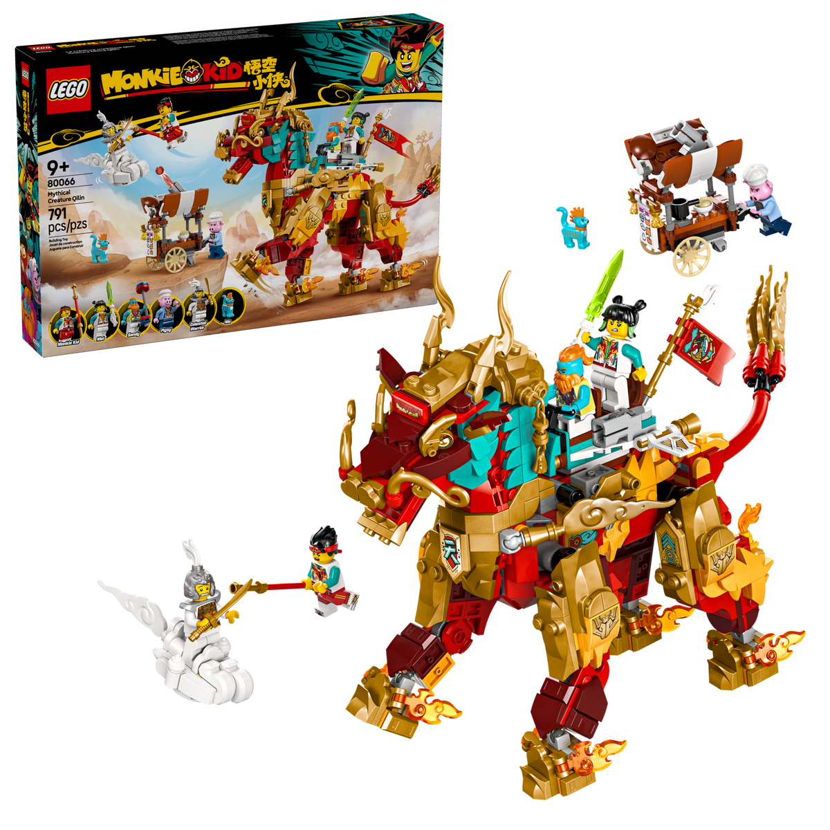 LEGO Monkie Kid 80066 Mythical Creature Qilin, box and built model