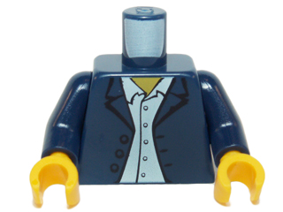 LEGO minifigure torso featuring a dark blue blazer over a white button-down shirt with a yellow tie, dark blue arms, and yellow hands.